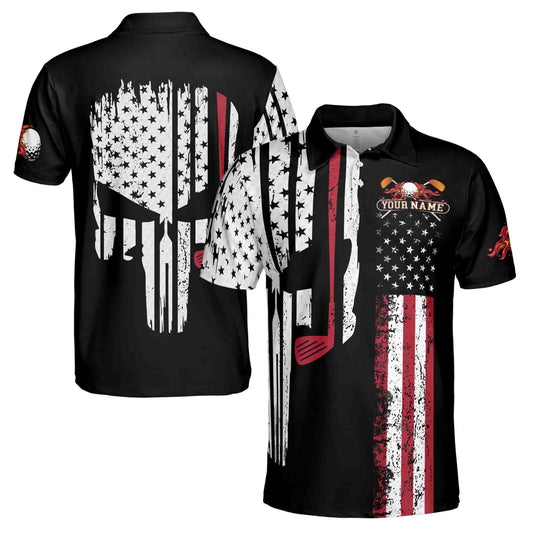 Personalized Men's Golf Shirt Polo - Retro Patriotic American Skull Golfer Gift Golf
