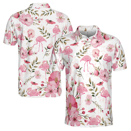 Personalized Men's Golf Shirt Polo - Funny Pink Flamingo Flowers Floral Pattern Golf