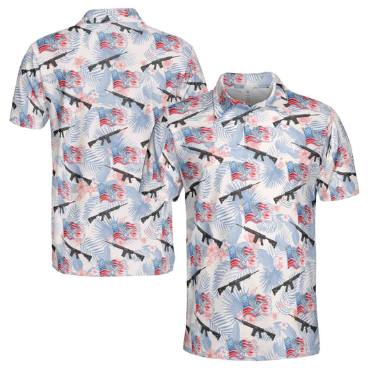 Personalized Men's Golf Shirt Polo - Funny Gun American Flag Floral Plants Golf