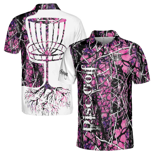 Personalized Men's Golf Shirt Polo - Dark Pink Jungle Deep Heart Disc Golf