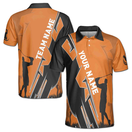 Personalized Men's Golf Shirt Polo - Team Black Orange Golfer Silhouette