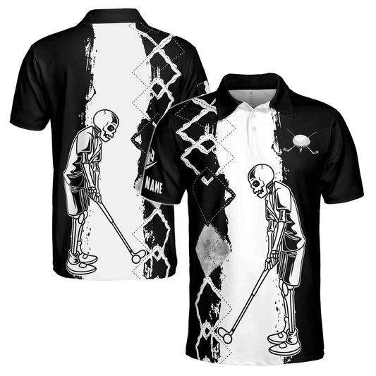 Personalized Men's Golf Shirt Polo - Customize Black And White Skull Golfing