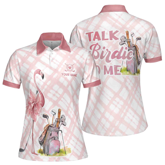 Personalized Women's Golf Shirt Polo - Talk Birdie To Me Flamingo Golf