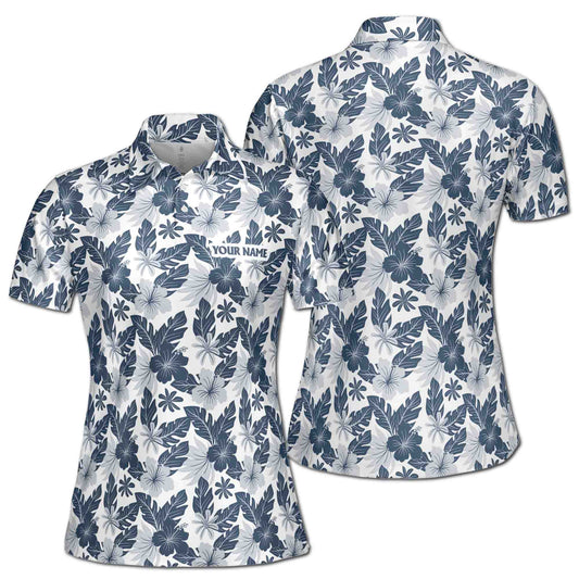 Personalized Women's Golf Shirt Polo - Gray Floral Palm Leaf Golf