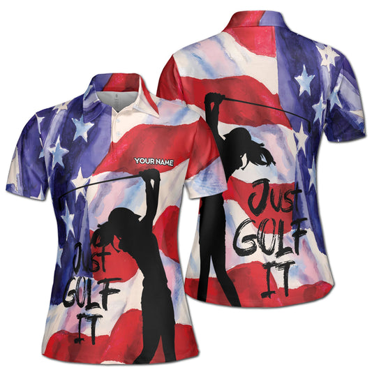 Personalized Women's Golf Shirt Polo - Patriotic Watercolor America Just Golf It