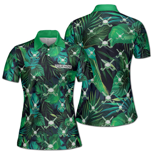 Personalized Women's Golf Shirt Polo - Green Tropical Palm Leaf Golf Lover
