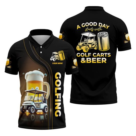 Men’s Personalized Golf Polo Shirt – “A Good Day Starts with Golf Carts and Beer” Funny Golf & Beer Print