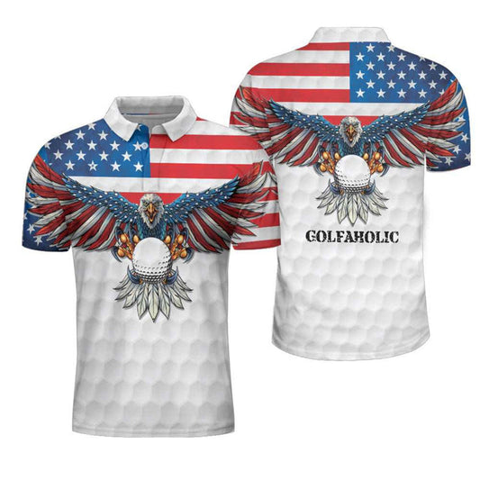 Personalized Men's Golf Shirt Polo - Golf American Flag Eagle White Golf Ball