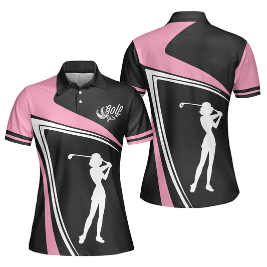 Personalized Women's Golf Shirt Polo - Golf Girl Black And Pink Short Sleeve Best Golf Gift