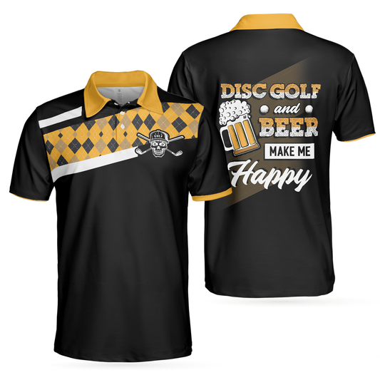 Personalized Men's Golf Shirt Polo - Disc Golf And Beer Happiness Yellow Plaid Funny Gift