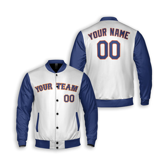 Personalized Queens NY Fan White Blue Varsity Baseball Jacket – Away Style Custom Name & Number