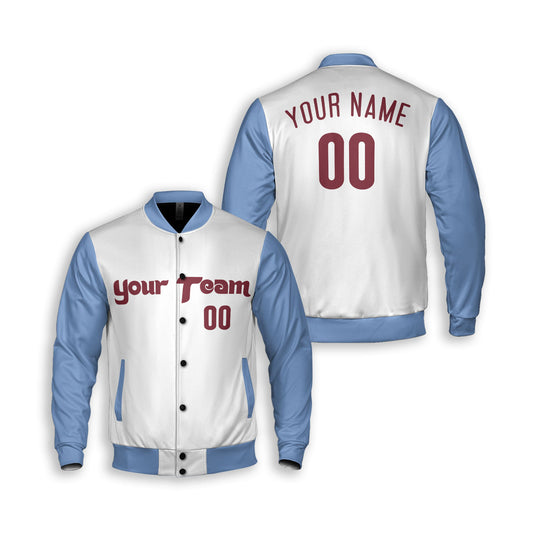 Personalized Philadelphia Fan White Light Blue Varsity Baseball Jacket – Alternate Custom Name & Number