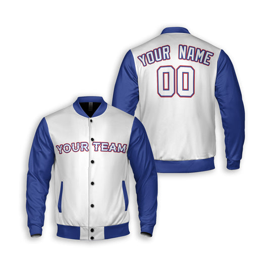 Personalized Texas Arlington Fan White Royal Varsity Baseball Jacket – Alternate Style Custom Name & Number