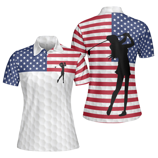 Personalized Women's Golf Shirt Polo - Premium American Golfer Sleeve With American Flag