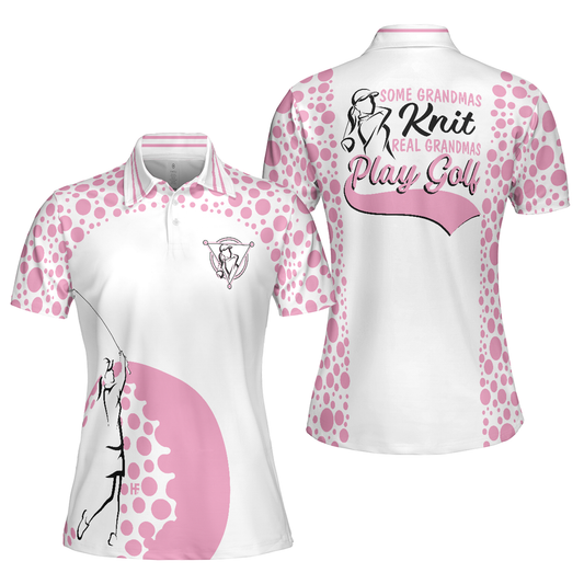 Personalized Women's Golf Shirt Polo - Real Grandmas Play Golf Short Sleeve White And Pink