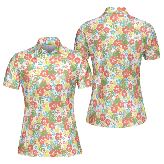 Personalized Women's Golf Shirt Polo - Tropical Flowers Pattern Golf Short Sleeve