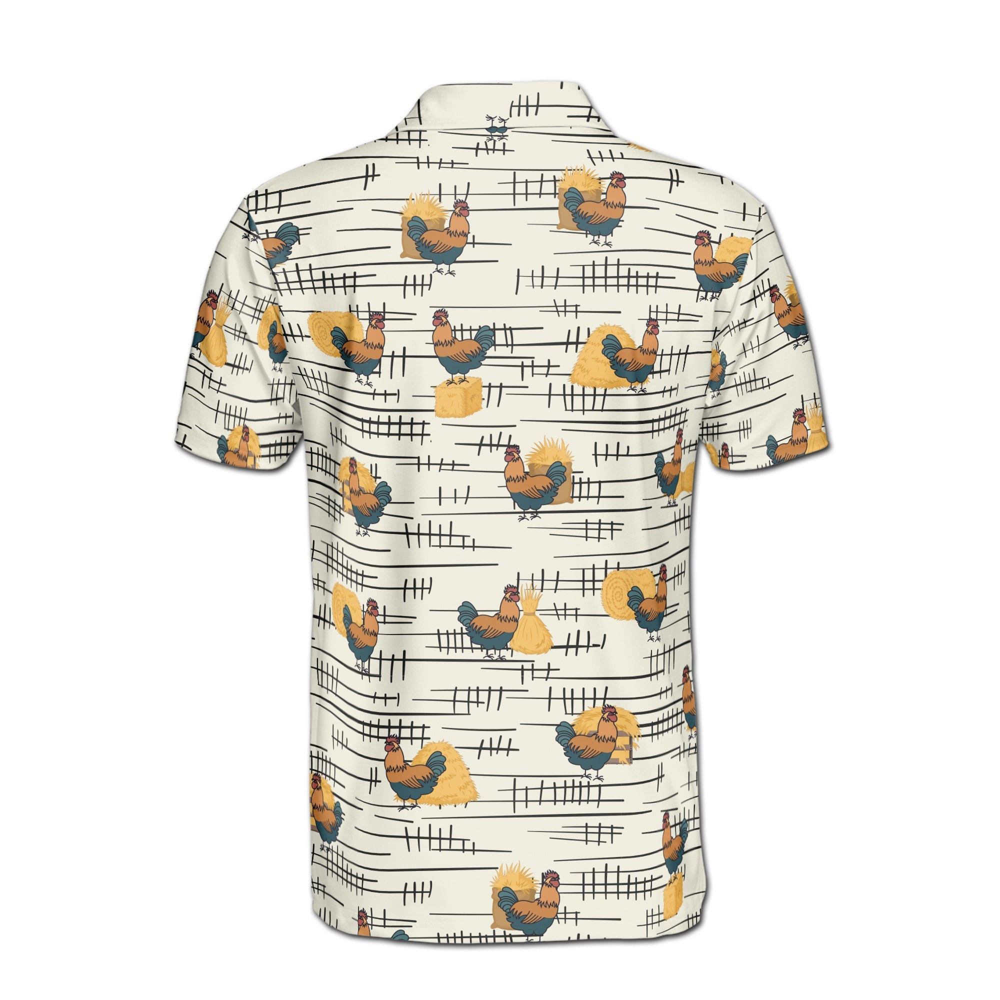 Personalized Men's Golf Shirt Polo - Funny Chicken Rooster Beside Haystacks Pattern Golf