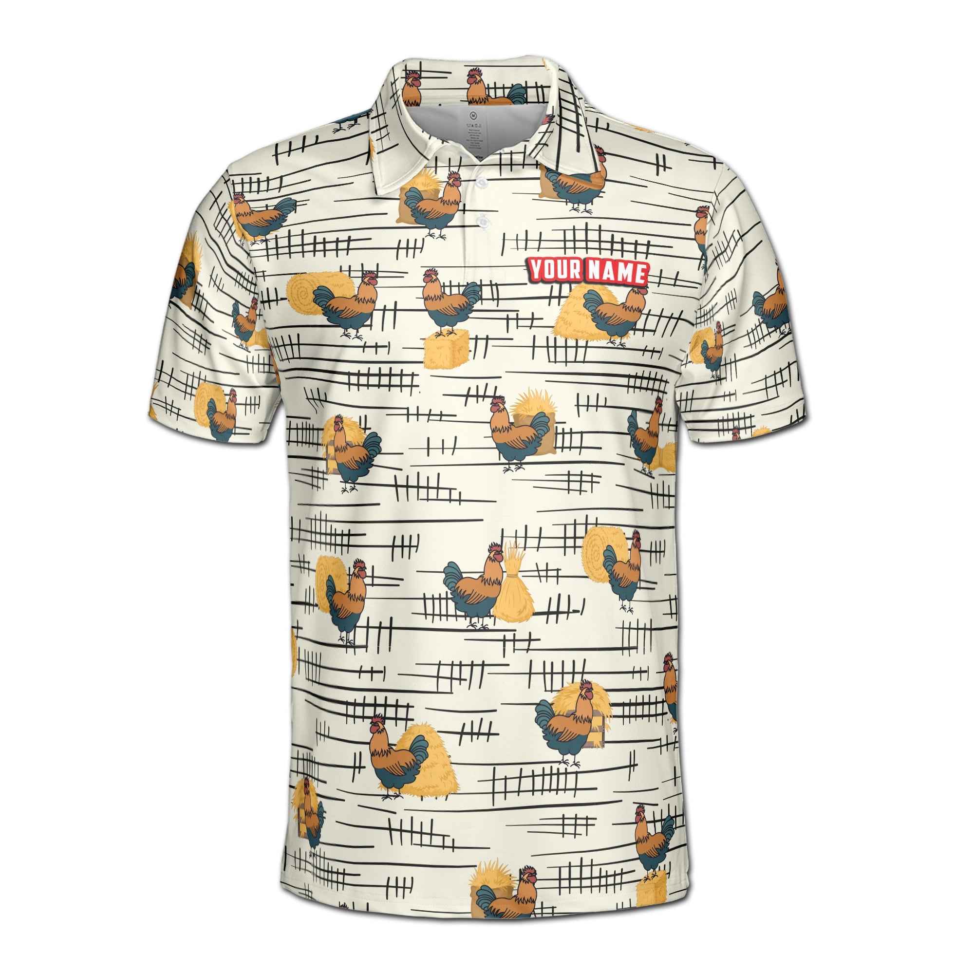 Personalized Men's Golf Shirt Polo - Funny Chicken Rooster Beside Haystacks Pattern Golf