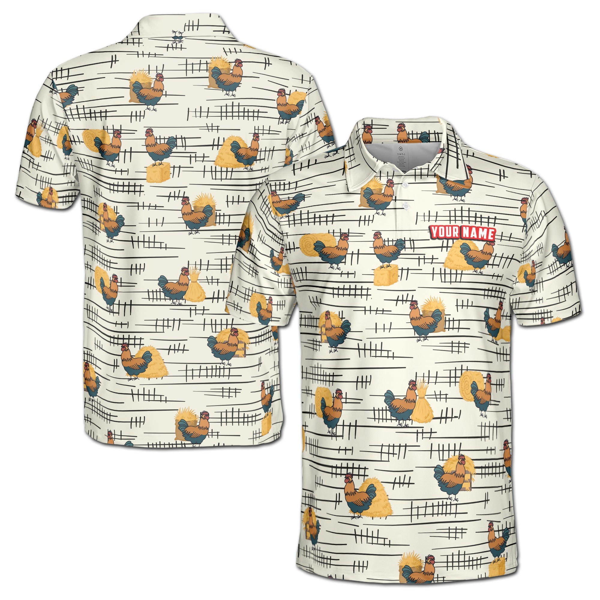 Personalized Men's Golf Shirt Polo - Funny Chicken Rooster Beside Haystacks Pattern Golf