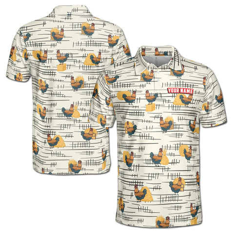Personalized Men's Golf Shirt Polo - Funny Chicken Rooster Beside Haystacks Pattern Golf
