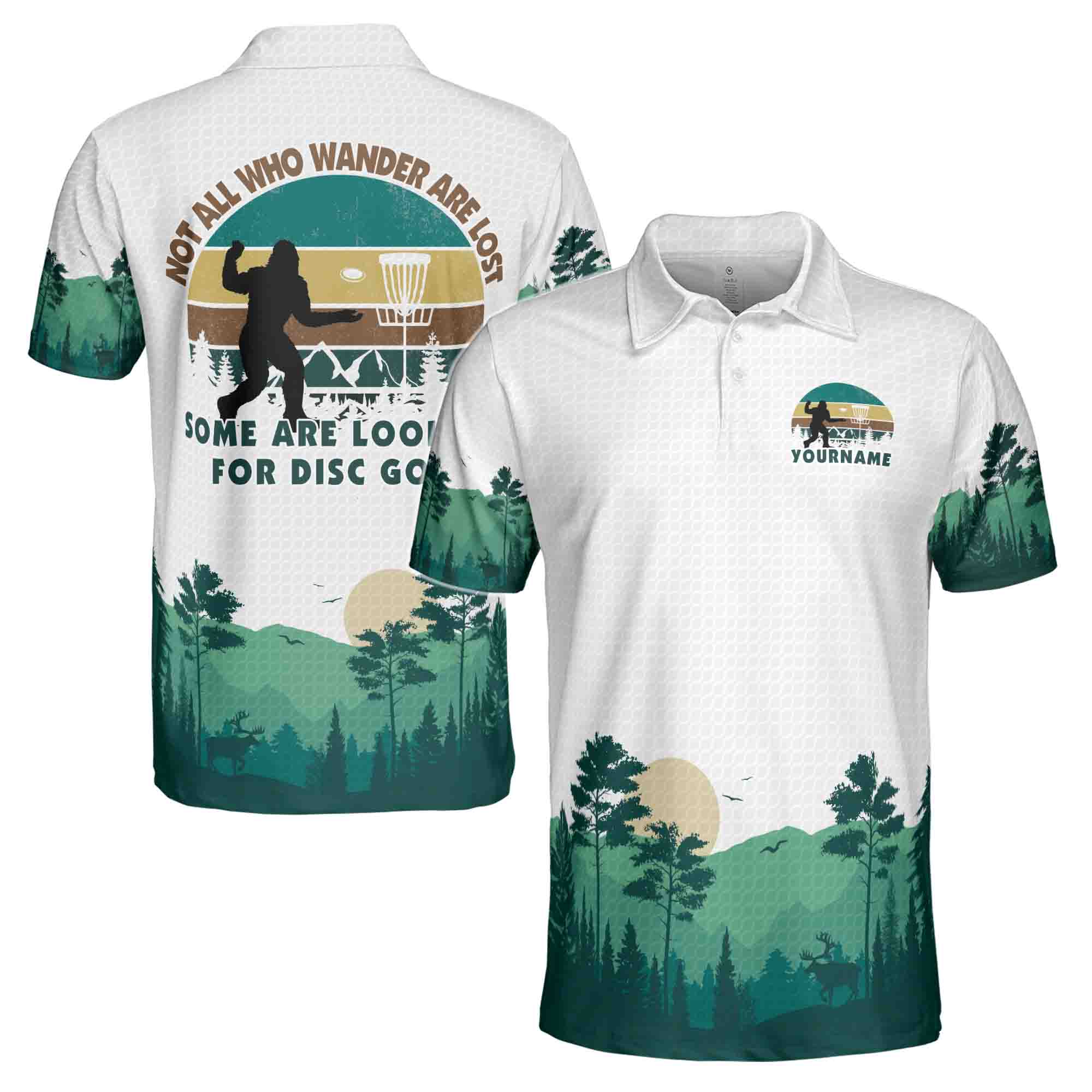 Personalized Men's Golf Shirt Polo - Funny Sasquatch Bigfoot Looking For Disc Golf, Retro Disc Golf Gift