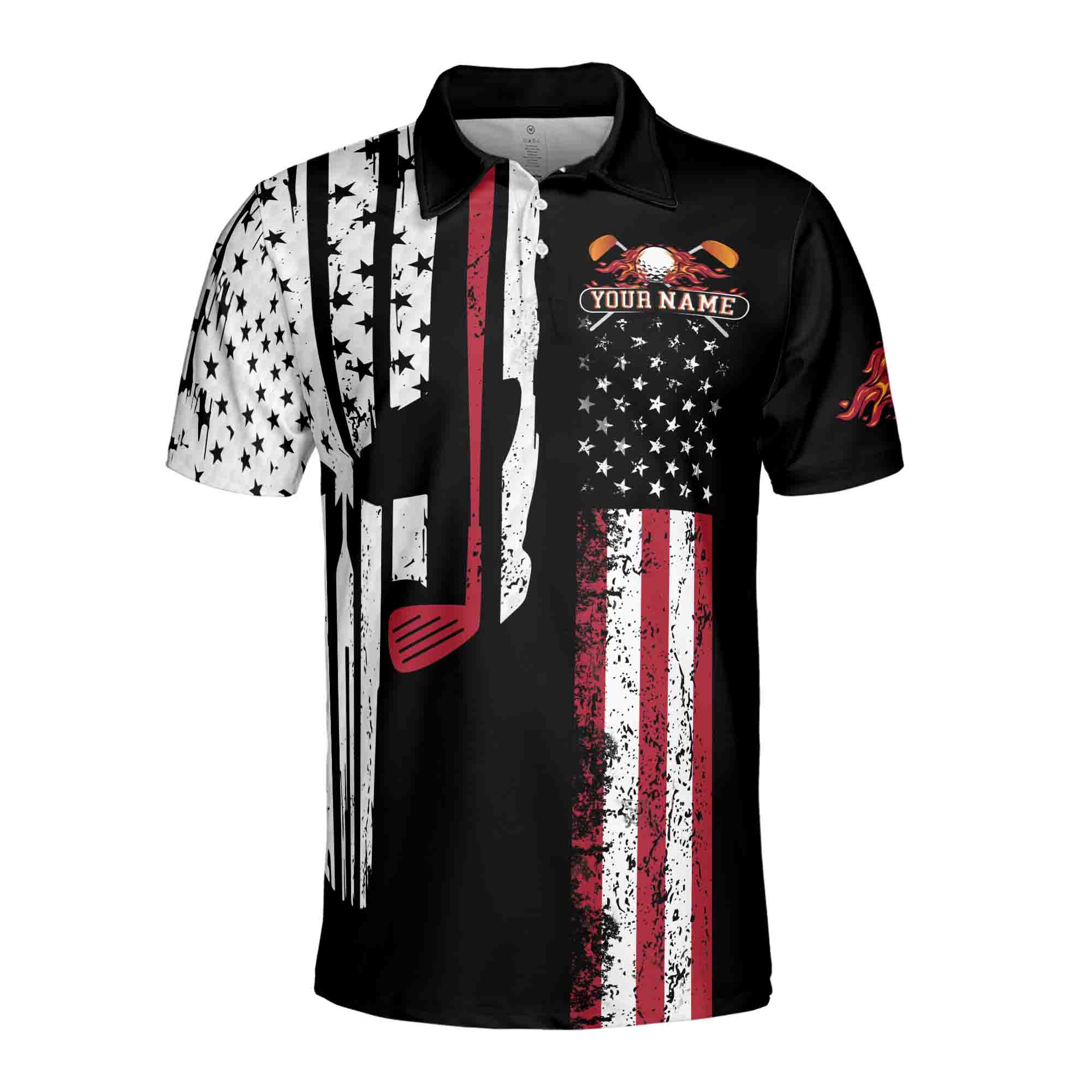 Personalized Men's Golf Shirt Polo - Retro Patriotic American Skull Golfer Gift Golf
