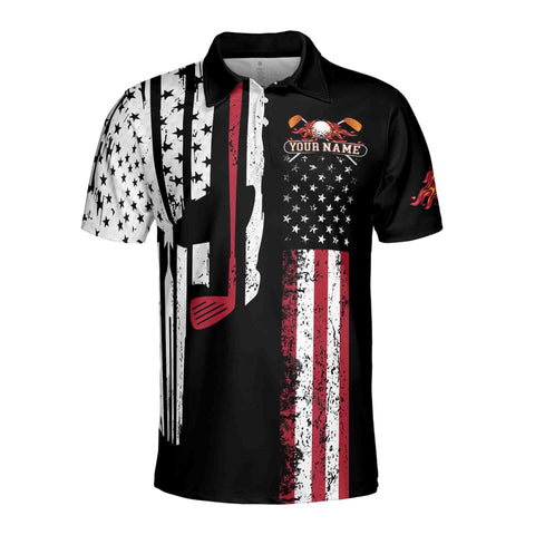 Personalized Men's Golf Shirt Polo - Retro Patriotic American Skull Golfer Gift Golf