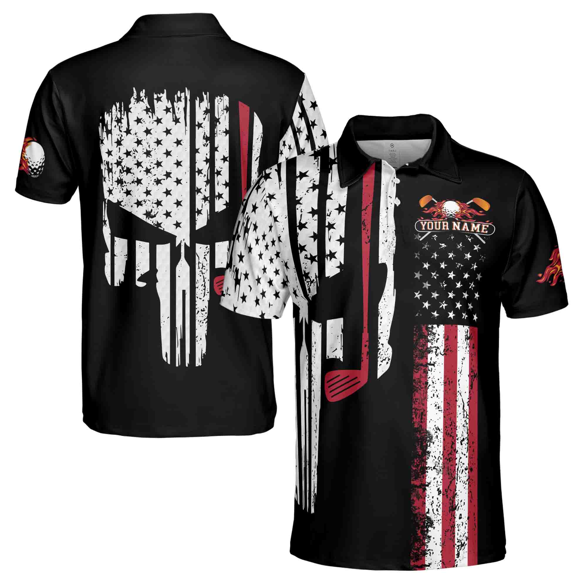 Personalized Men's Golf Shirt Polo - Retro Patriotic American Skull Golfer Gift Golf
