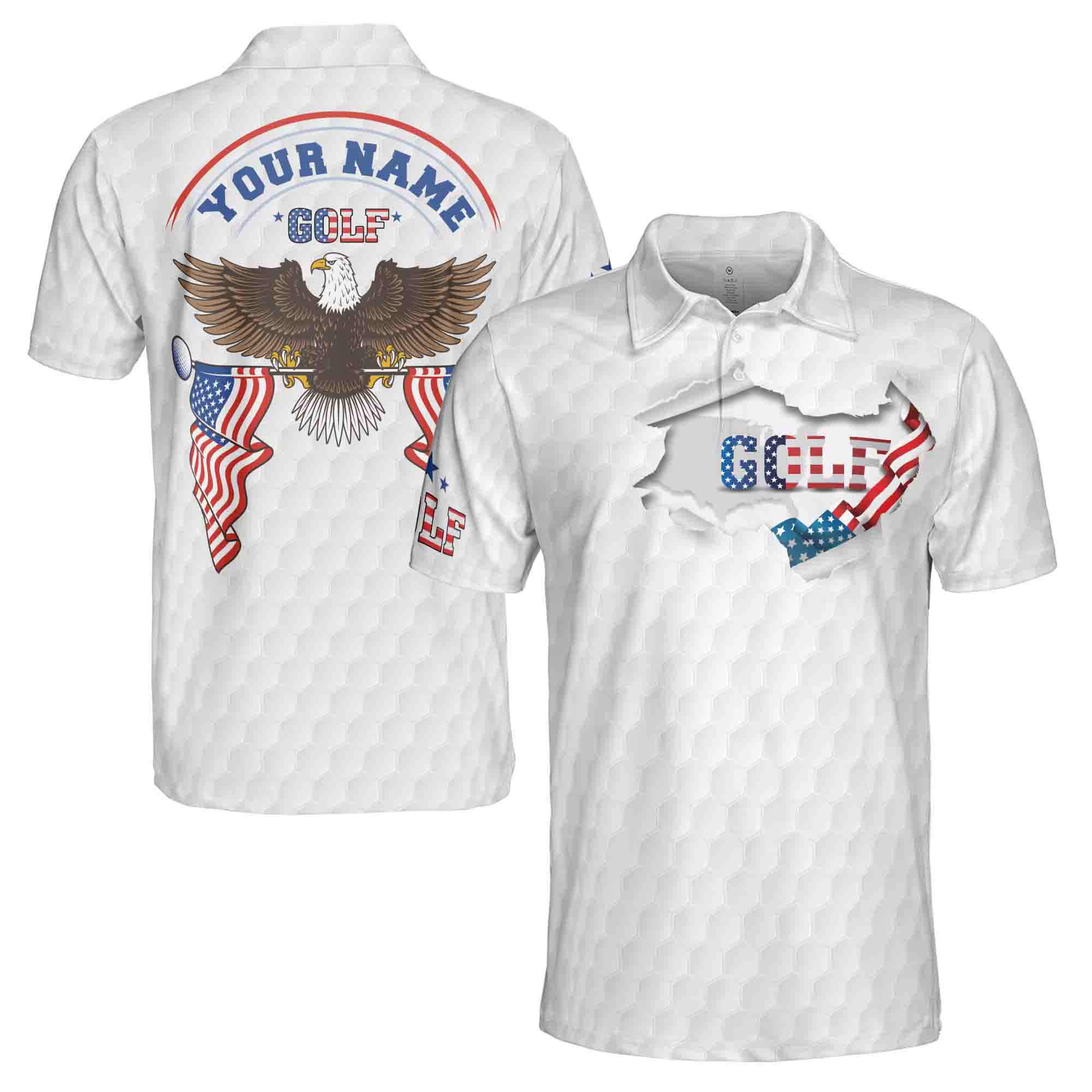 Personalized Men's Golf Shirt Polo - Eagle American Golfer, Retro American Flag Usa Golfing