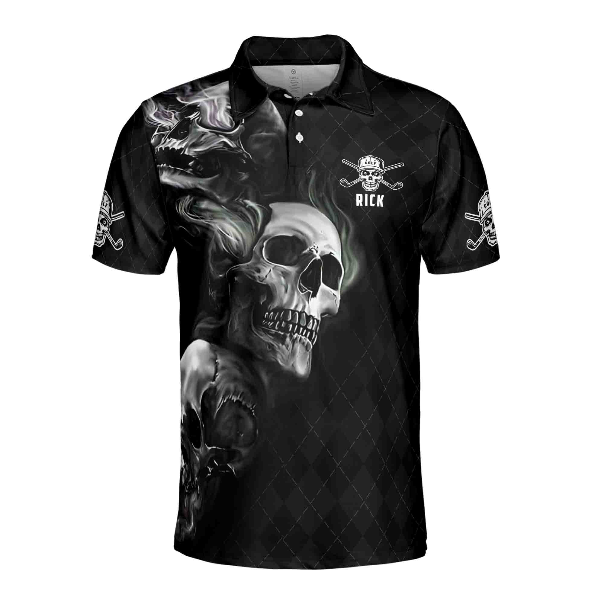 Personalized Men's Golf Shirt Polo - Smoke Skull Dark Checked Golf