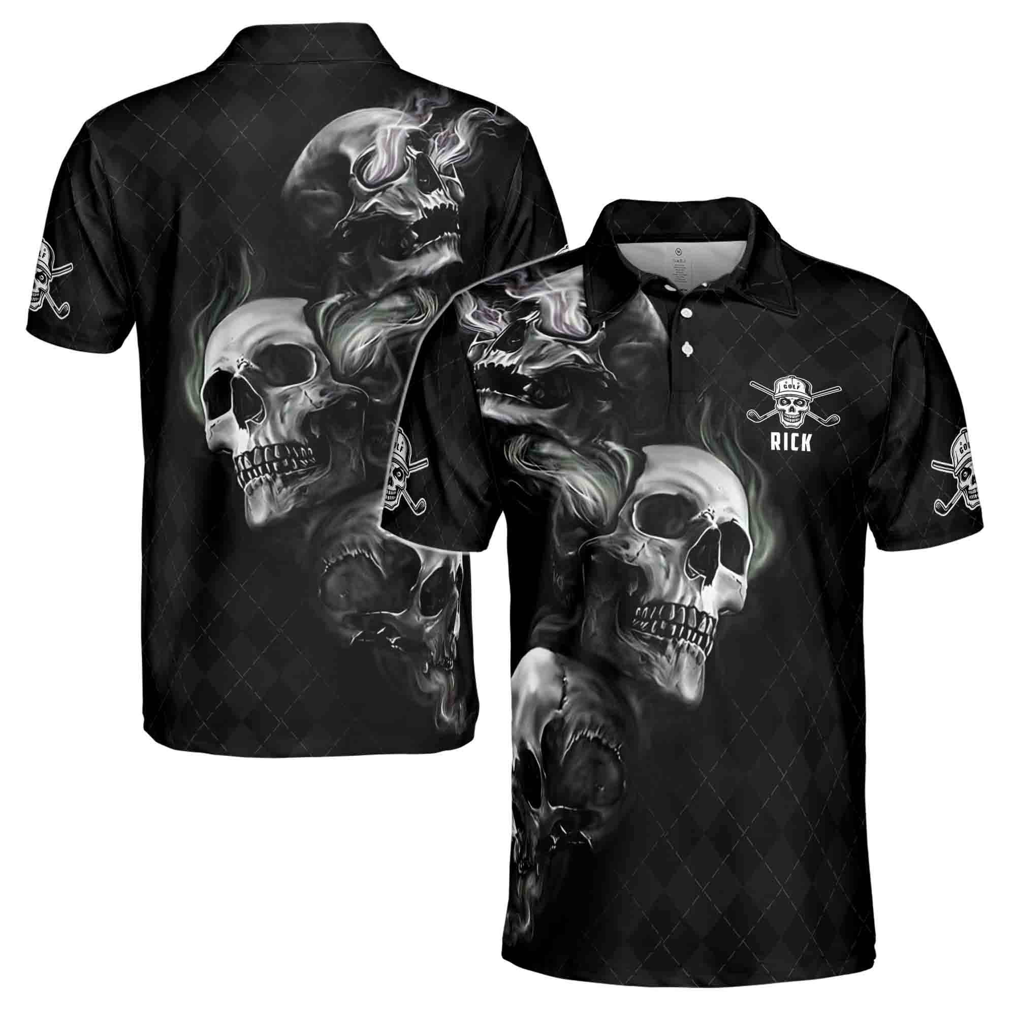Personalized Men's Golf Shirt Polo - Smoke Skull Dark Checked Golf