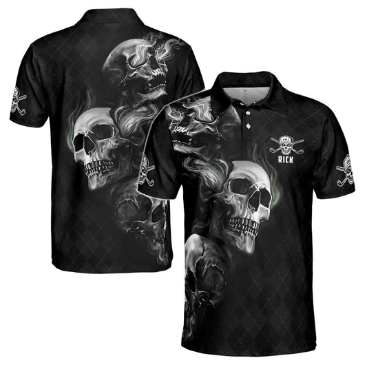 Personalized Men's Golf Shirt Polo - Smoke Skull Dark Checked Golf