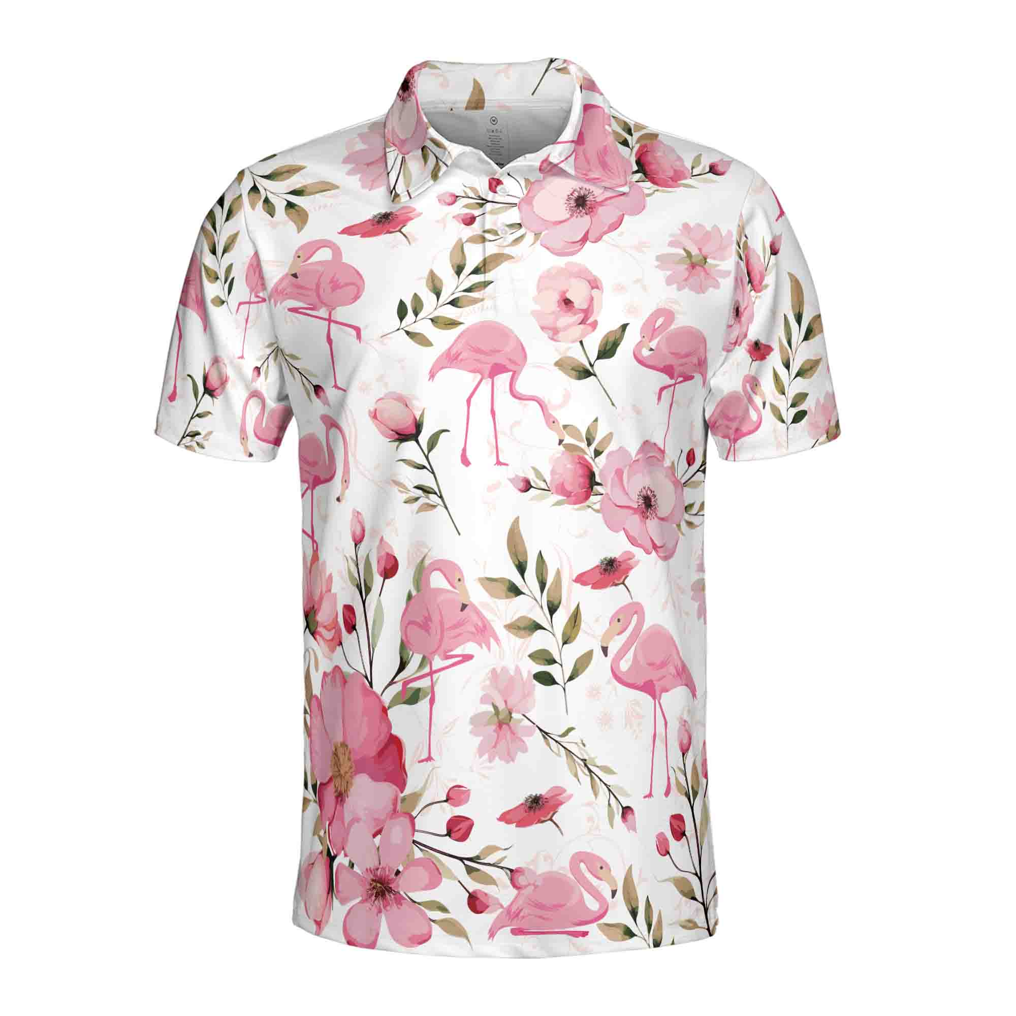 Personalized Men's Golf Shirt Polo - Funny Pink Flamingo Flowers Floral Pattern Golf