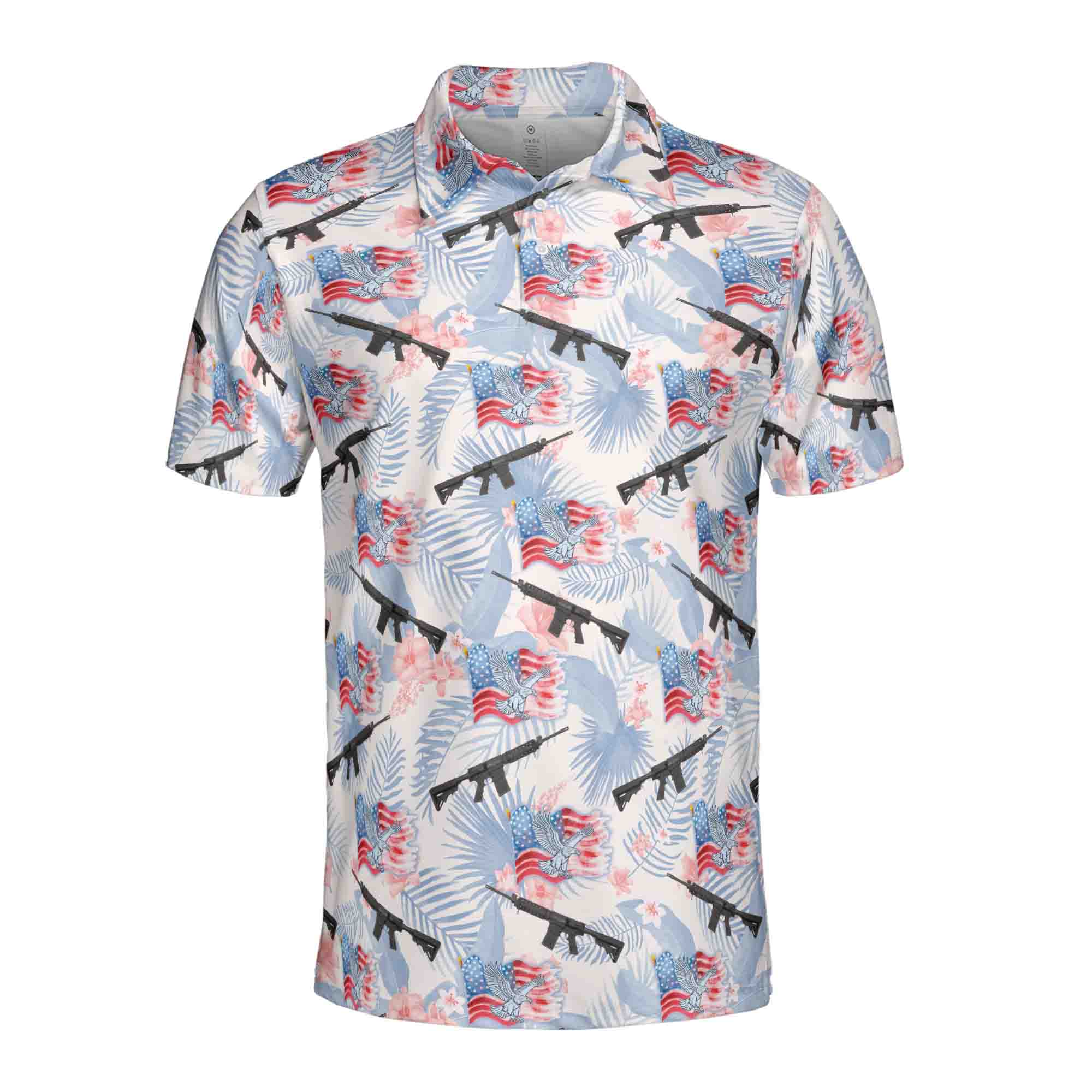 Personalized Men's Golf Shirt Polo - Funny Gun American Flag Floral Plants Golf