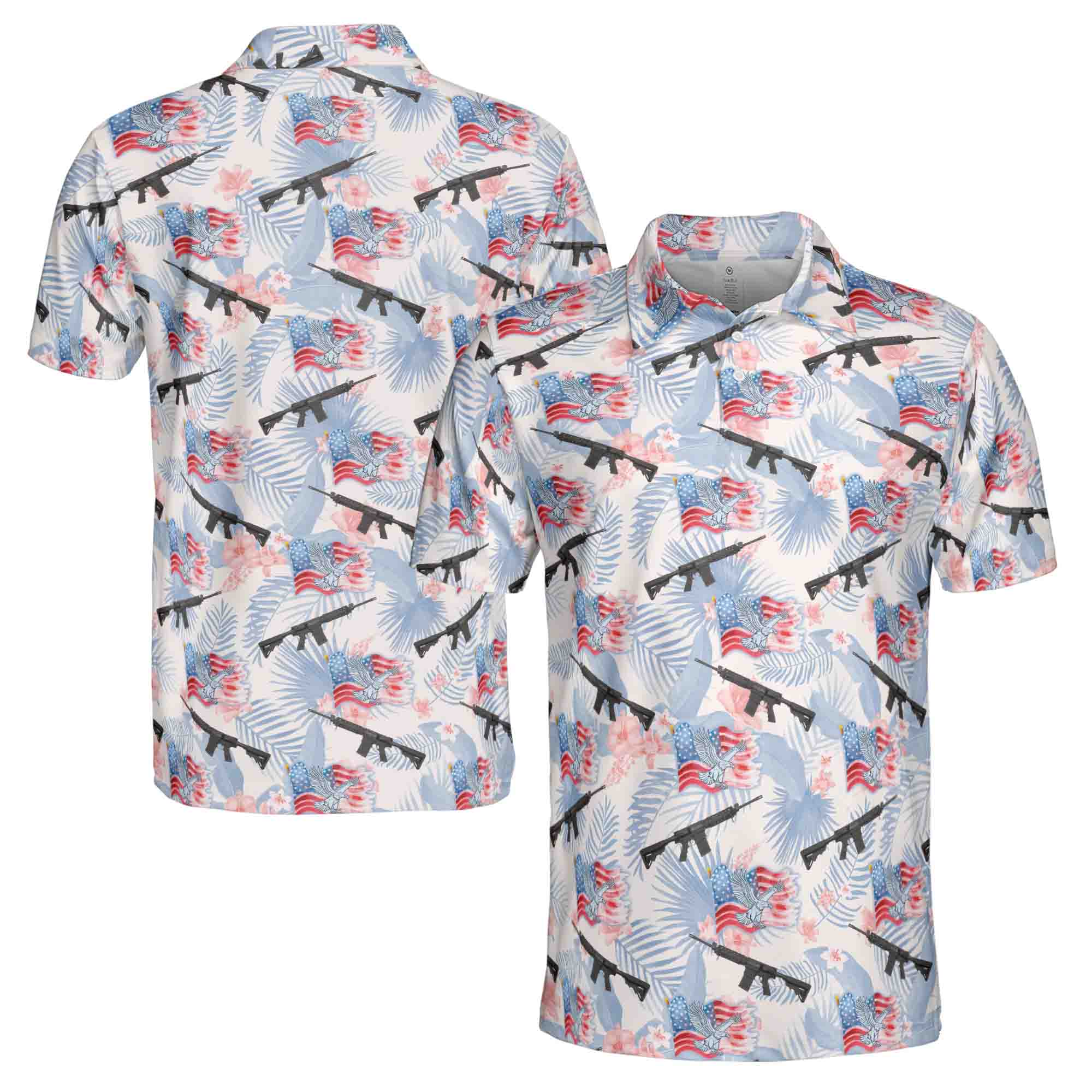 Personalized Men's Golf Shirt Polo - Funny Gun American Flag Floral Plants Golf