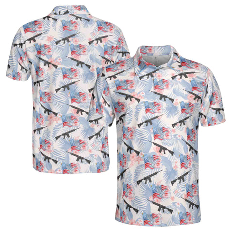 Personalized Men's Golf Shirt Polo - Funny Gun American Flag Floral Plants Golf