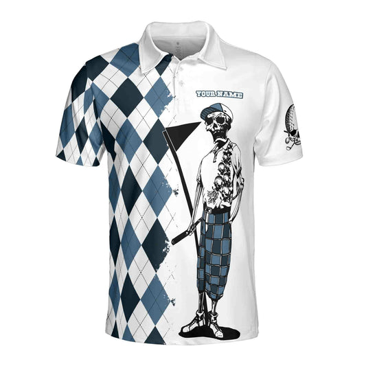 Personalized Men's Golf Shirt Polo - Funny Blue Argyle Skeleton Skull Golf