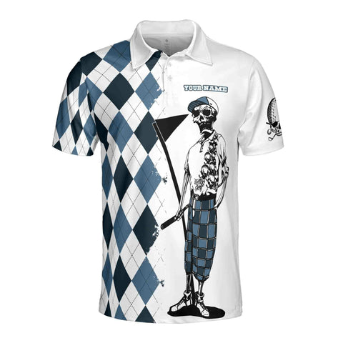 Personalized Men's Golf Shirt Polo - Funny Blue Argyle Skeleton Skull Golf
