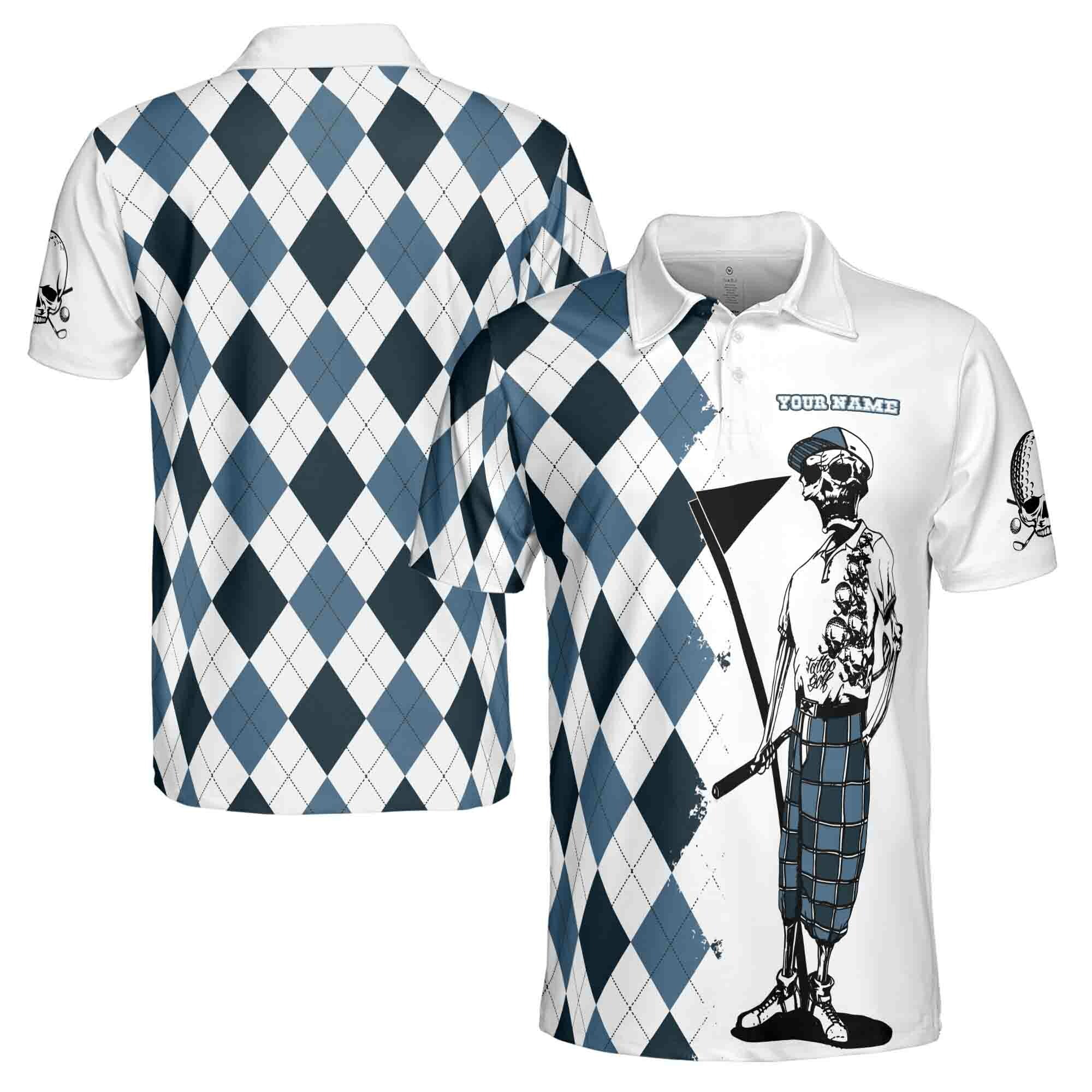 Personalized Men's Golf Shirt Polo - Funny Blue Argyle Skeleton Skull Golf