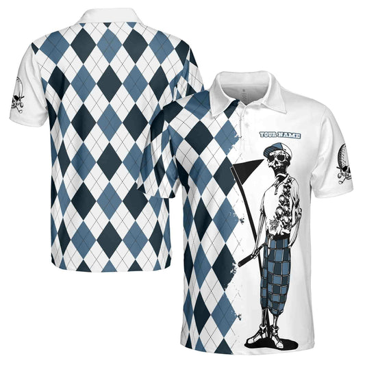 Personalized Men's Golf Shirt Polo - Funny Blue Argyle Skeleton Skull Golf