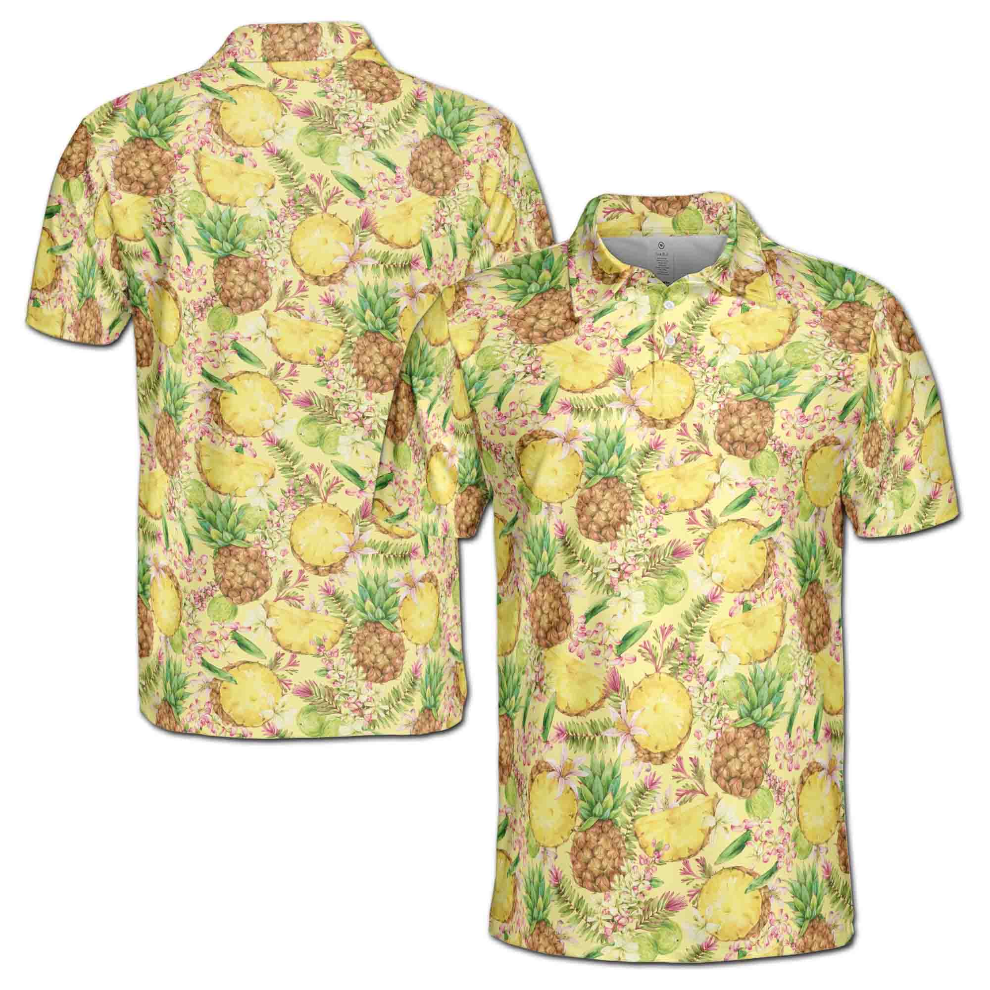 Personalized Men's Golf Shirt Polo - Funny Fresh Pineapple Tropical Fruits Floral Golf