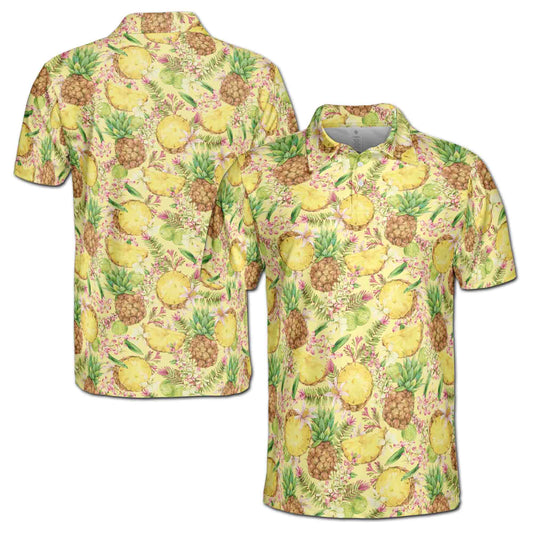 Personalized Men's Golf Shirt Polo - Funny Fresh Pineapple Tropical Fruits Floral Golf
