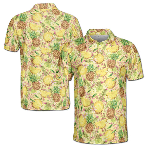 Personalized Men's Golf Shirt Polo - Funny Fresh Pineapple Tropical Fruits Floral Golf
