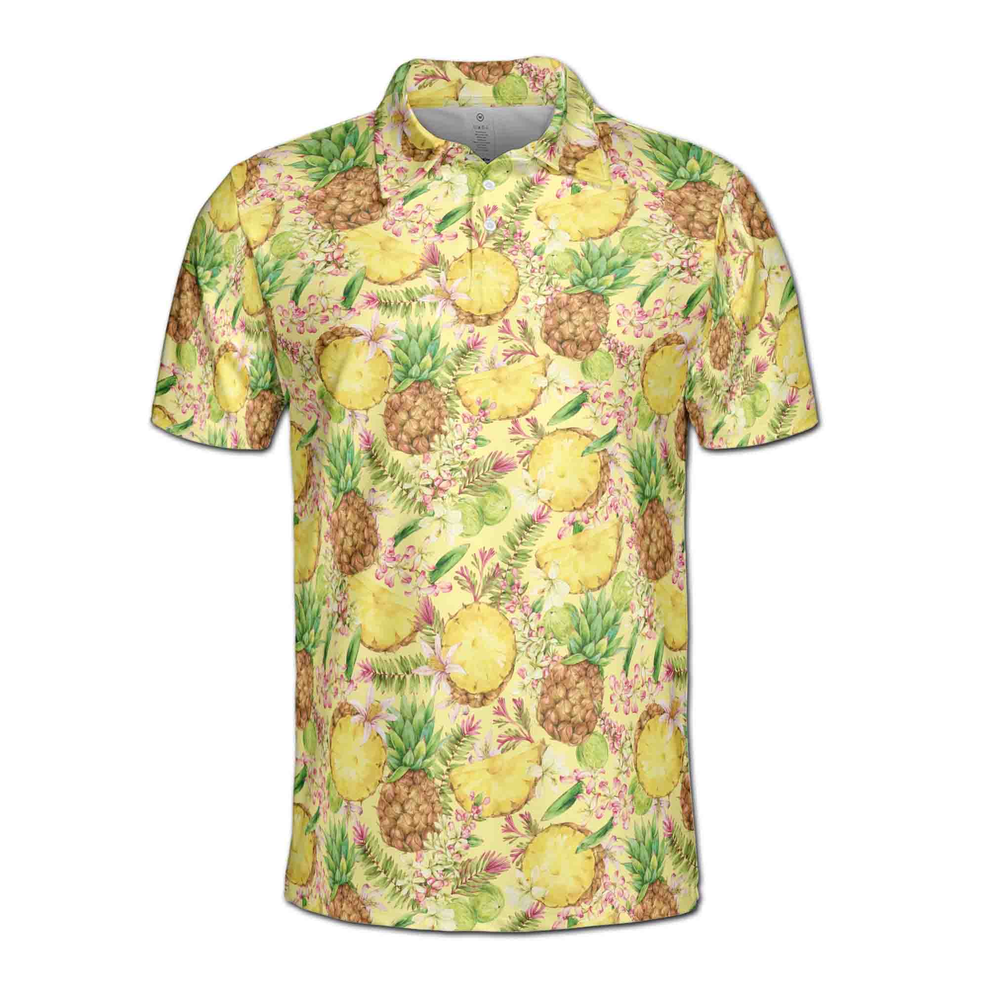 Personalized Men's Golf Shirt Polo - Funny Fresh Pineapple Tropical Fruits Floral Golf