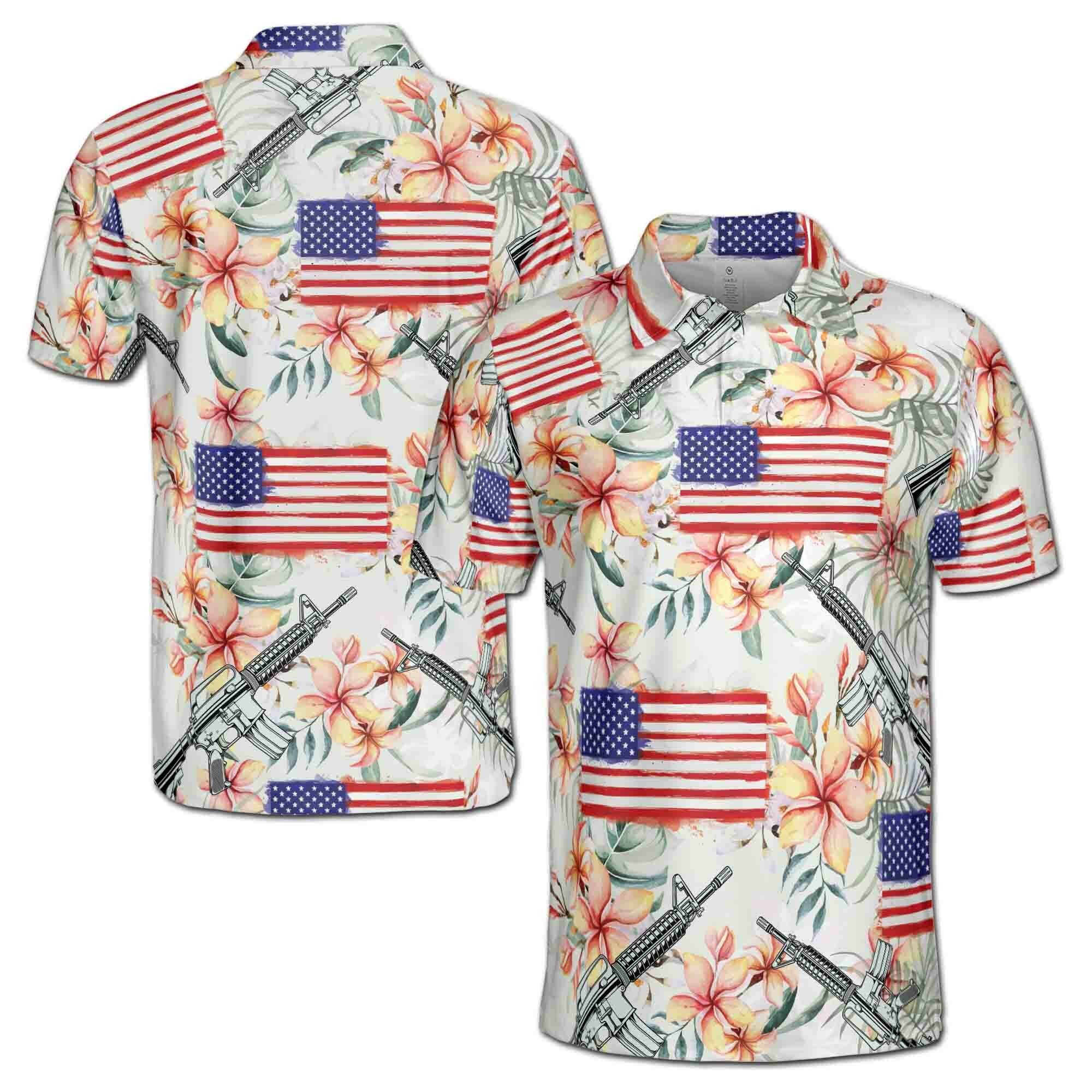 Personalized Men's Golf Shirt Polo - Retro Patriotic American Flag Gun Military Flower Golf