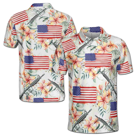 Personalized Men's Golf Shirt Polo - Retro Patriotic American Flag Gun Military Flower Golf