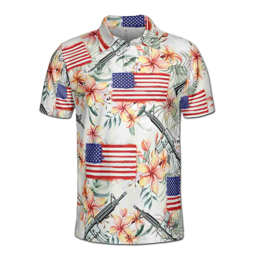 Personalized Men's Golf Shirt Polo - Retro Patriotic American Flag Gun Military Flower Golf