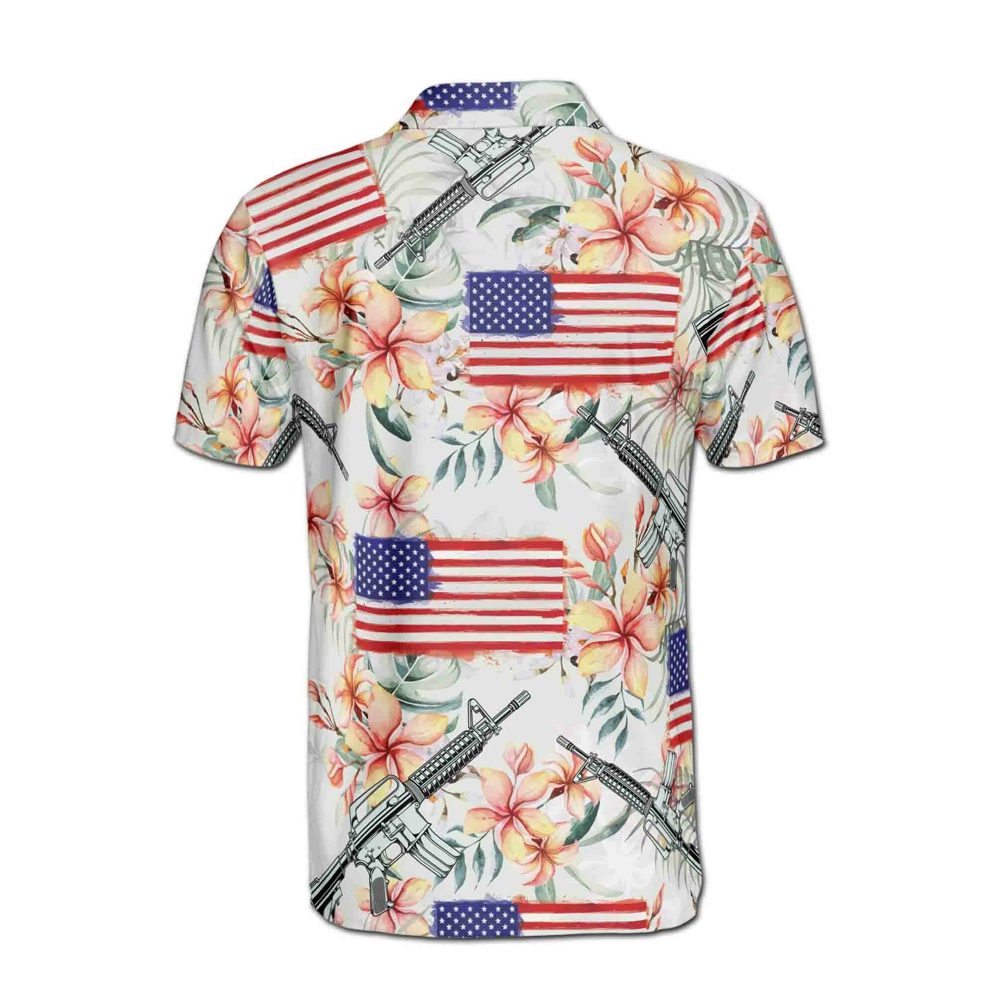 Personalized Men's Golf Shirt Polo - Retro Patriotic American Flag Gun Military Flower Golf