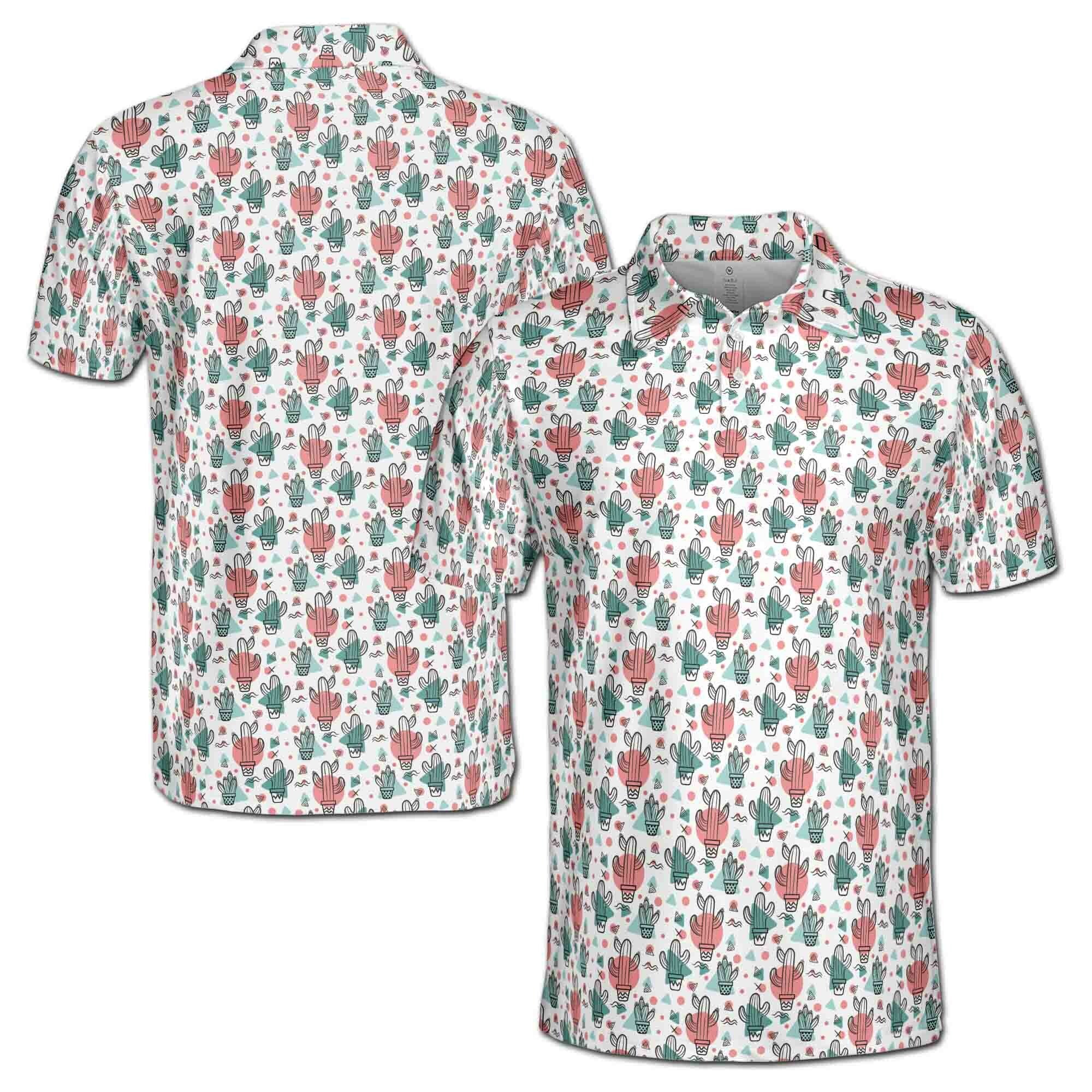 Personalized Men's Golf Shirt Polo - Funny Colorful Tiny Cactus Doodle Golf