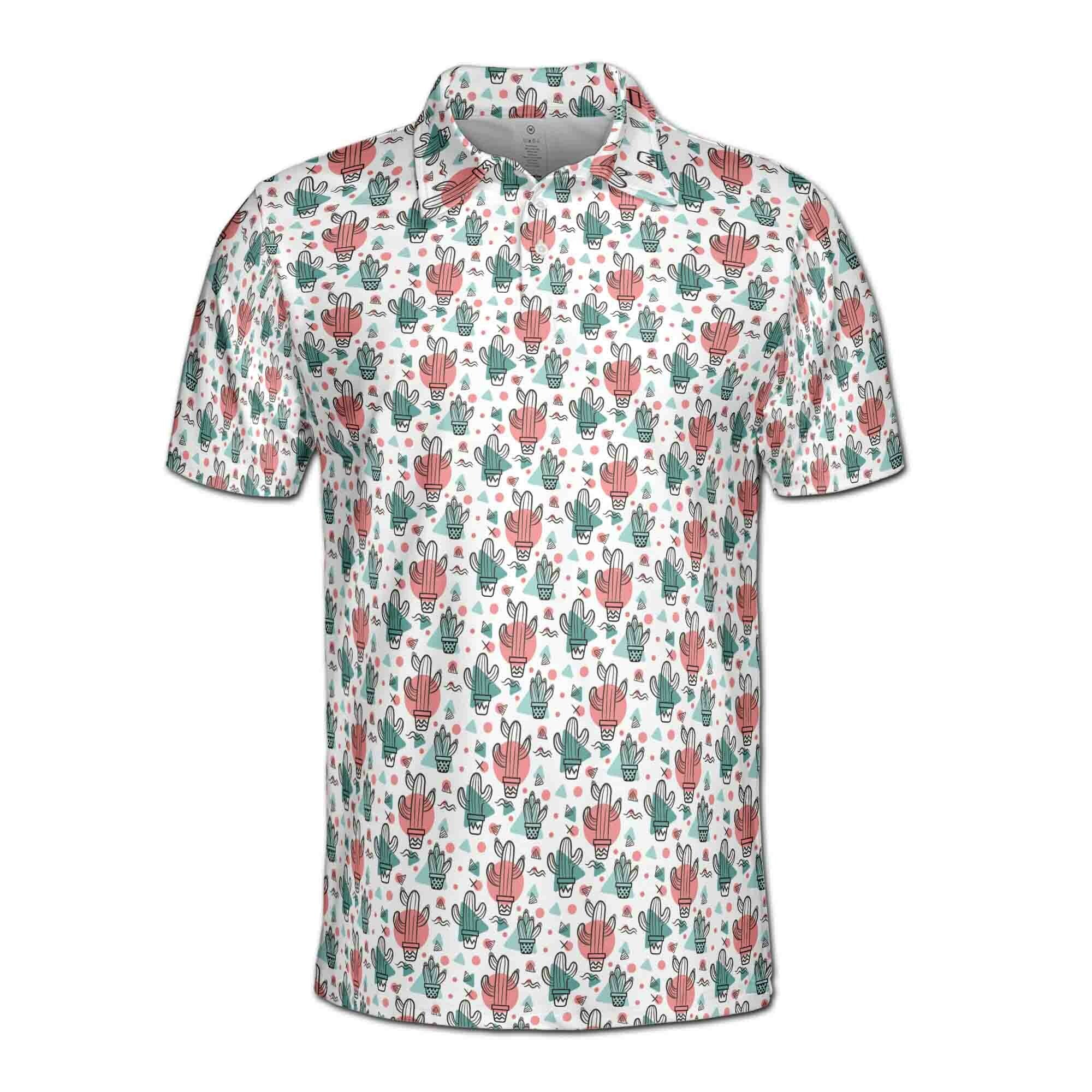 Personalized Men's Golf Shirt Polo - Funny Colorful Tiny Cactus Doodle Golf